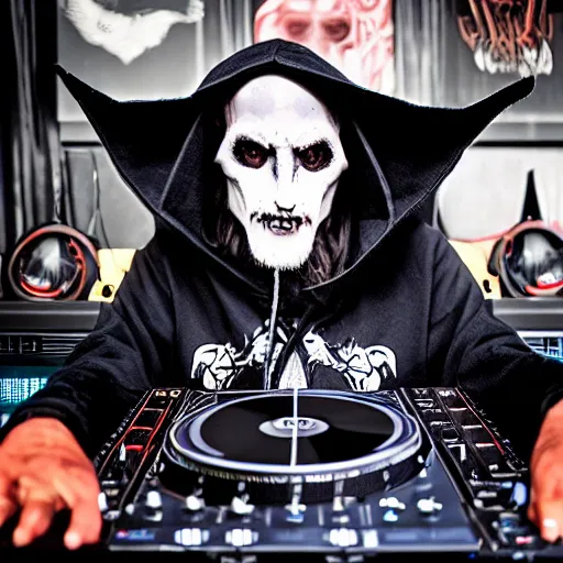 Image similar to baphomet wearing a dark hooded cloak on the dj decks