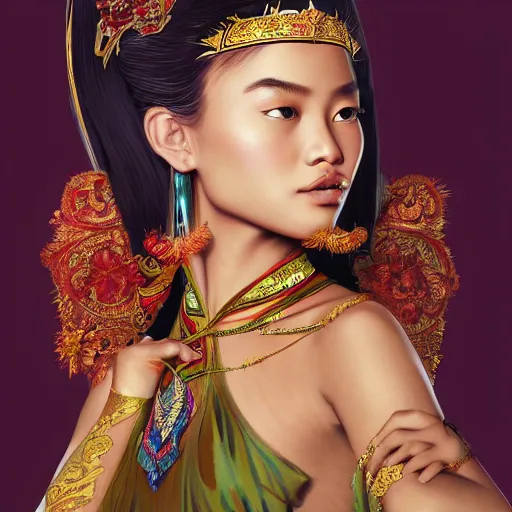 Image similar to portrait of an indonesian supermodels wearing traditional costume, highly detailed, digital painting, artstation, concept art, sharp focus, illustration, art by kittichai rueangchaichan and james gurney and alphonse mucha