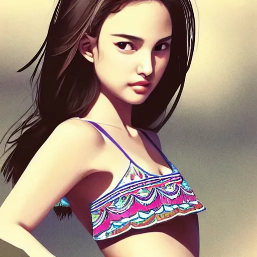 Image similar to a beautiful young japanese natalie portman alluring gravure model, wearing elegant designer tank top, elegant tank top with mesoamerican patterns, by akira toriyama and wlop and ilya kuvshinov and artgerm and, aesthetic, gorgeous, stunning, alluring, attractive, artstation, deviantart, pinterest, digital art