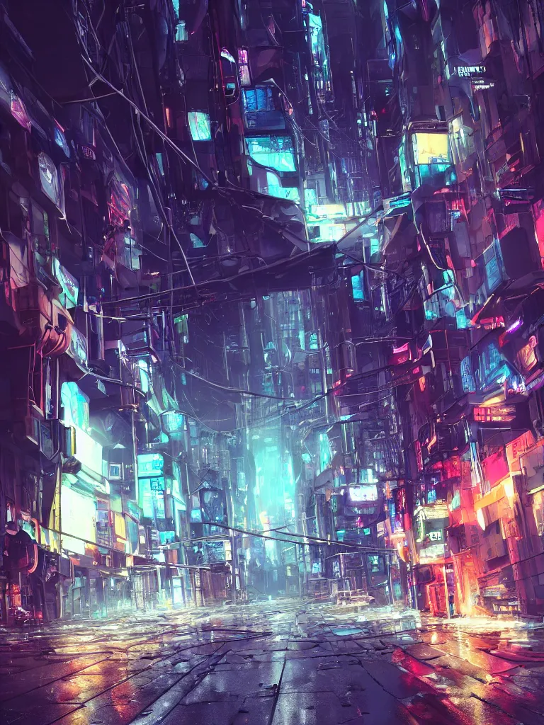 Image similar to futuristic cyberpunk street, hanging cables, narrow, garbage on the ground. rain. fog, haze, evening. led screens. golden hour. volumetric lighting. cables on the ground. very messy. futuristic. photorealistic. artstation. anime. studio gimbli style