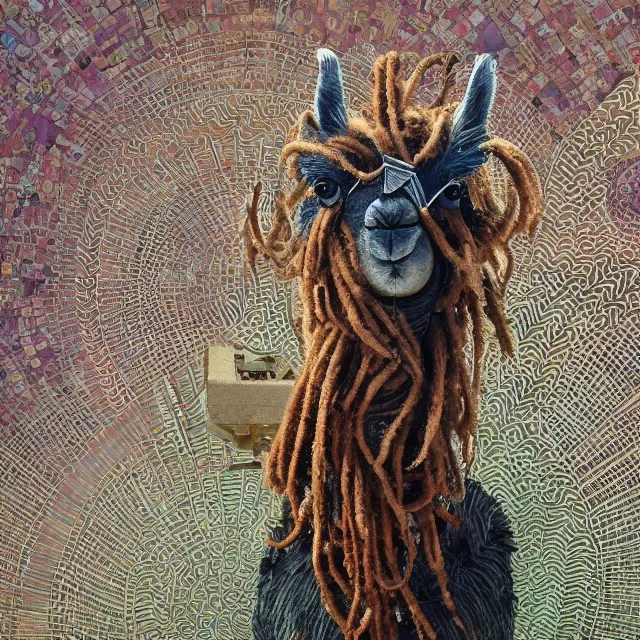 Prompt: llama with dreadlocks, industrial scifi, by mandy jurgens, ernst haeckel, el anatsui, by hsiao, james jean