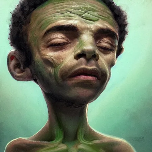 Image similar to a cute little man made of hemp, with a head in the form of a cannabis bloom, like baby grut, green skin, character, art by james jean and greg rutkowski!!, realistic face, digital art, chibi style, golden ratio, perfect composition, trending on artstation, 8 k