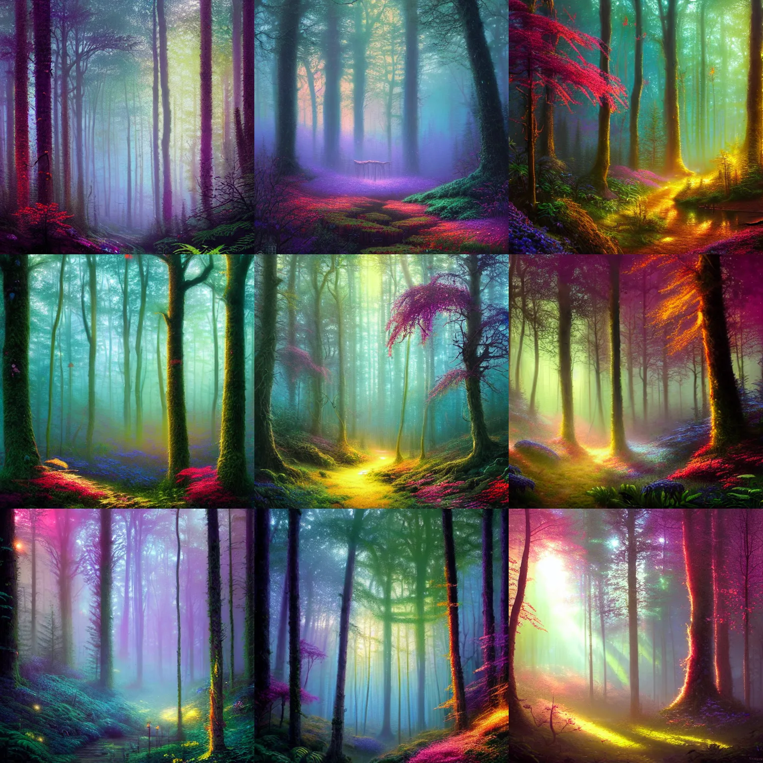 Prompt: photograph of a dense mystic forest, colored flowers, mystic hues, breathtaking lights shining, psychedelic fern, tyndall effect, firefiles, dense forest, foggy, 4k, Acid Pixie, by thomas kinkade and lee madgwick