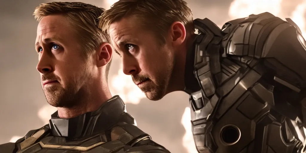 Prompt: Ryan Gosling as War Machine in 'Avengers: Endgame' (2019), movie still frame, oscar nominated cinematography, volumetric lighting, 8k resolution, beautiful composition