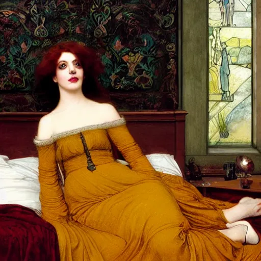 Image similar to preraphaelite photography reclining on bed, a hybrid of a hybrid of judy garland and lady gaga and a hybrid of anne hathaway and liza minelli, aged 2 5, big brown fringe, wide shot, yellow ochre ornate medieval dress, john william waterhouse, kilian eng, rosetti, john everett millais, william holman hunt, william morris, 4 k