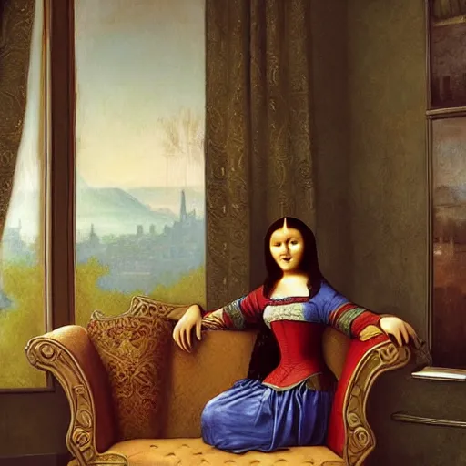 Image similar to Monalisa is sitting on her living room couch. She is dressed casually and is watching TV, Regal, Realistic, Refined, Detailed Digital Art, Josephine wall, Oil Painting, William-Adolphe Bouguereau, Art Frahm, Esao Andrews, Steampunk, Walt Disney (1937), Highly Detailed, Cinematic Lighting, Unreal Engine, 8k, HD