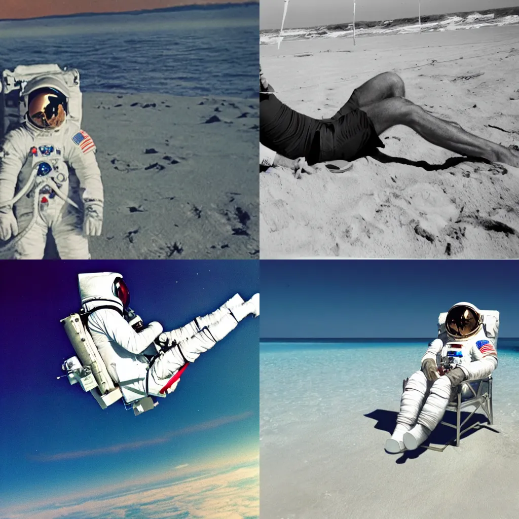 Prompt: footage of an astronaut lounging in a tropical beach