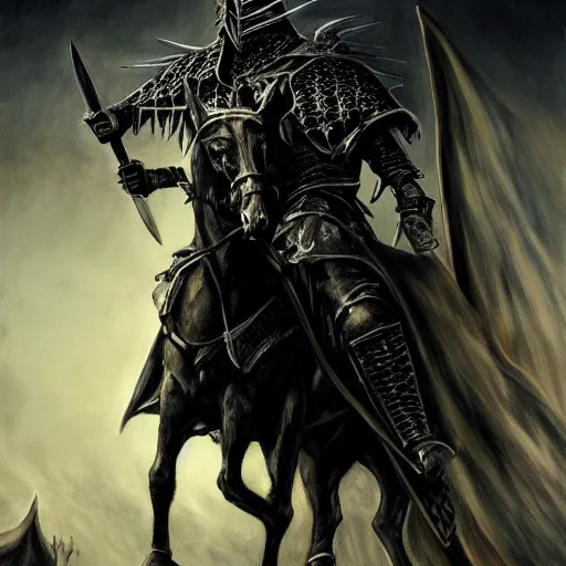 Prompt: Witch-king of Angmar holding sword on black horse horse rearing up dark moody lighting wallpaper painting