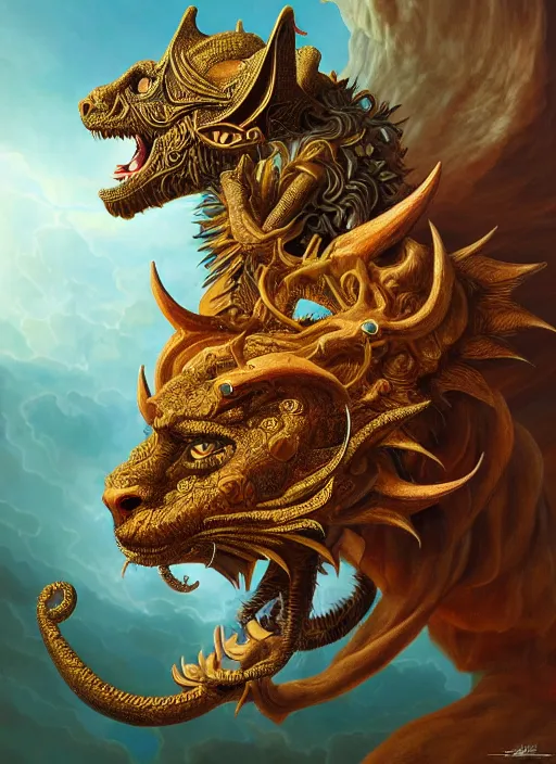 Prompt: : chimera fantasy, fantasy magic,  , intricate, sharp focus, illustration, highly detailed, digital painting, concept art, jahbu art and Paul lewin and kehinde wiley, masterpiece