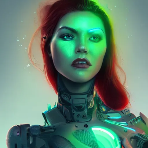 Prompt: a portrait of a beautiful cyborg girl, red hair, glowing green eyes, urban motifs, intricate, elegant, highly detailed, digital painting, trending on artstation, concept art, smooth sharp focus, illustration, raytracing, 8 k rendering, global illumination