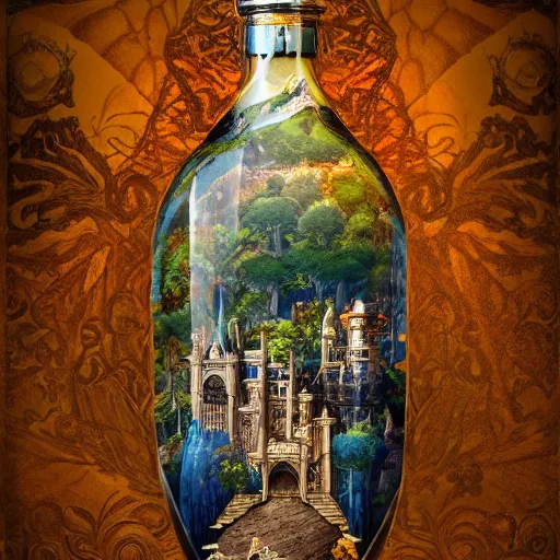 Image similar to a beautiful 🏰 contained inside an ornate vintage bottle by charles vess, studio ghibli & james gurney, artstation, 8 k, beautiful light, hyperrealism, studio photography