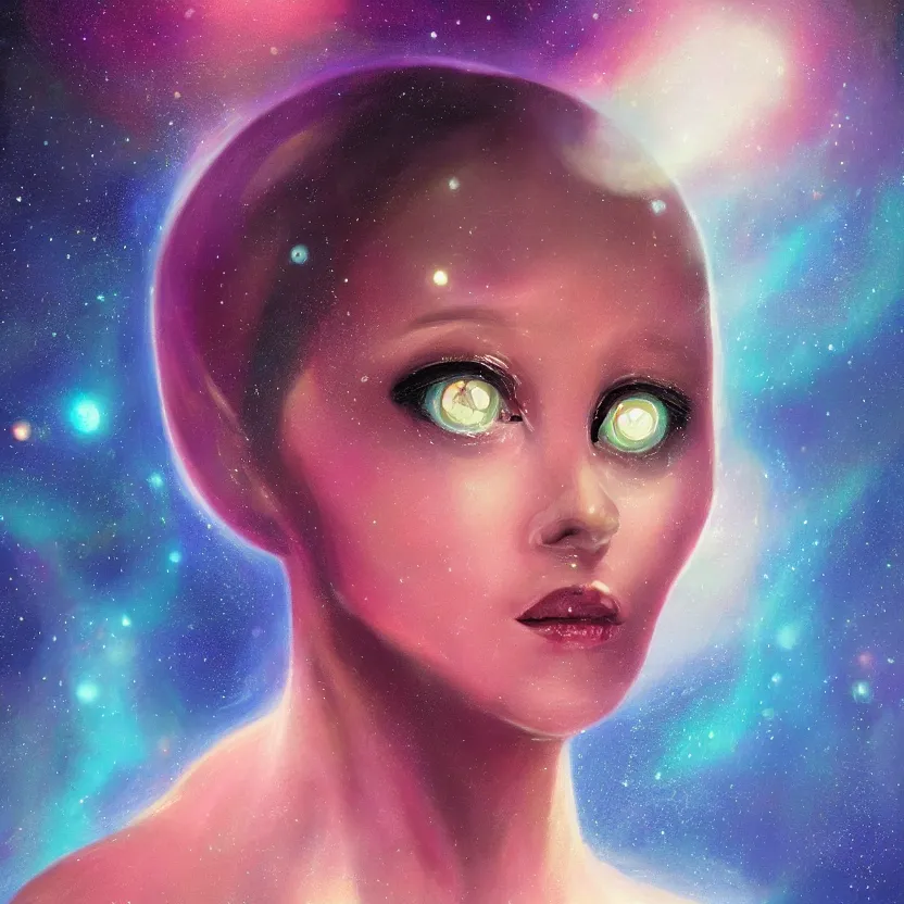 Prompt: close - up portrait painting of a beautiful weightless alien woman with big eyes in space. glowing bubbles. muted colors, soft gradients. dark background. trending on artstation. retrofuturism.