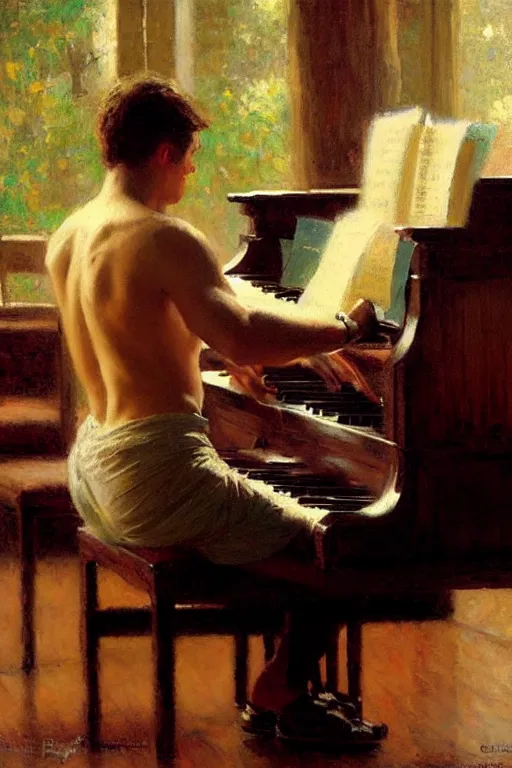 Image similar to attractive man playing piano, painting by gaston bussiere, craig mullins