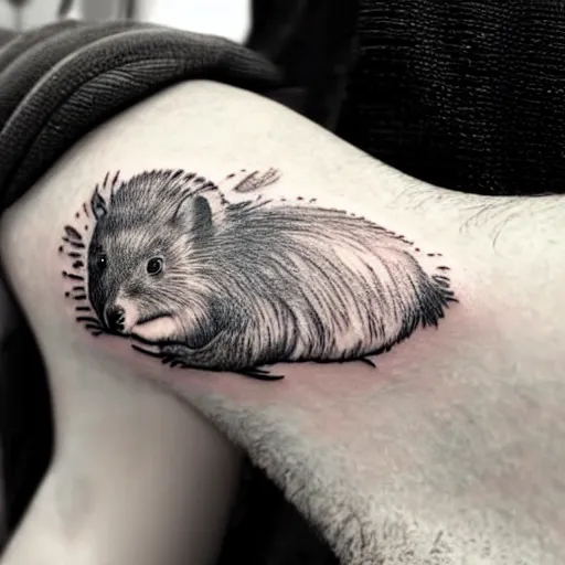 Image similar to a tattoo of a quokka riding a bicycle