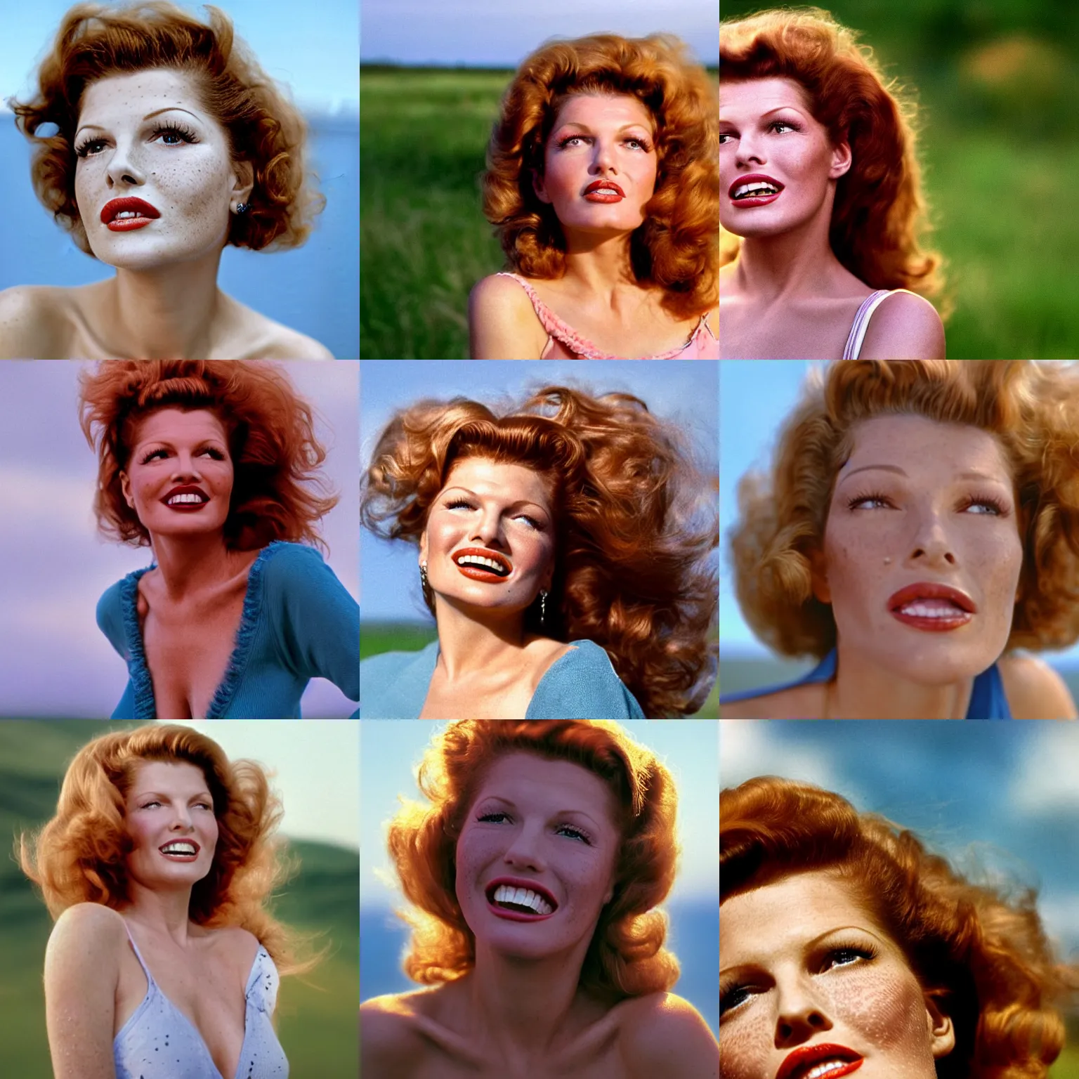 Prompt: natural 8 k close up shot of rita hayworth with freckles, natural skin and beauty spots in a 2 0 0 5 romantic comedy by sam mendes. she stands and looks on the horizon with winds moving her hair. fuzzy blue sky in the background. no make - up, no lipstick, small details, wrinkles, natural lighting, 8 5 mm lenses, sharp focus