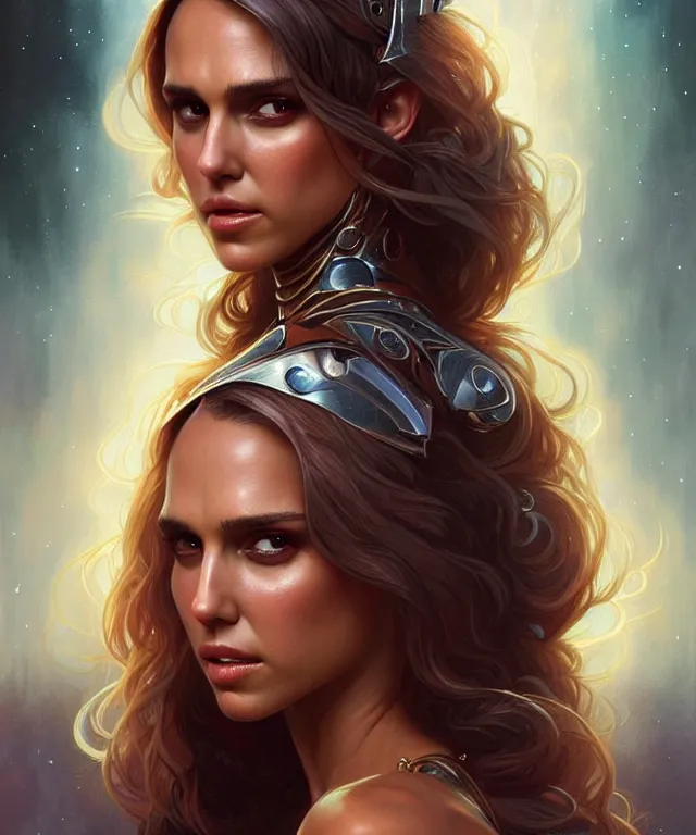 Prompt: Nathalie portman as jessica alba fantasy magic woman portrait, sci-fi, amber eyes, face, long hair, fantasy, intricate, elegant, highly detailed, digital painting, artstation, concept art, smooth, sharp focus, illustration, art by artgerm and greg rutkowski and alphonse mucha