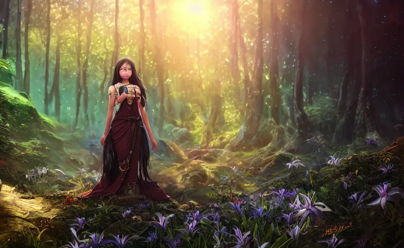 Image similar to beautiful Himalayan woman, sci-fi tibetan fashion, brown very very long hair, somber, scene of a summer forest with glowing blue lilies, dramatic light, wide angle, , dramatic angle , 8k hdr pixiv by Makoto Shinkai and Wojtek Fus, rossdraws, ambient occlusion