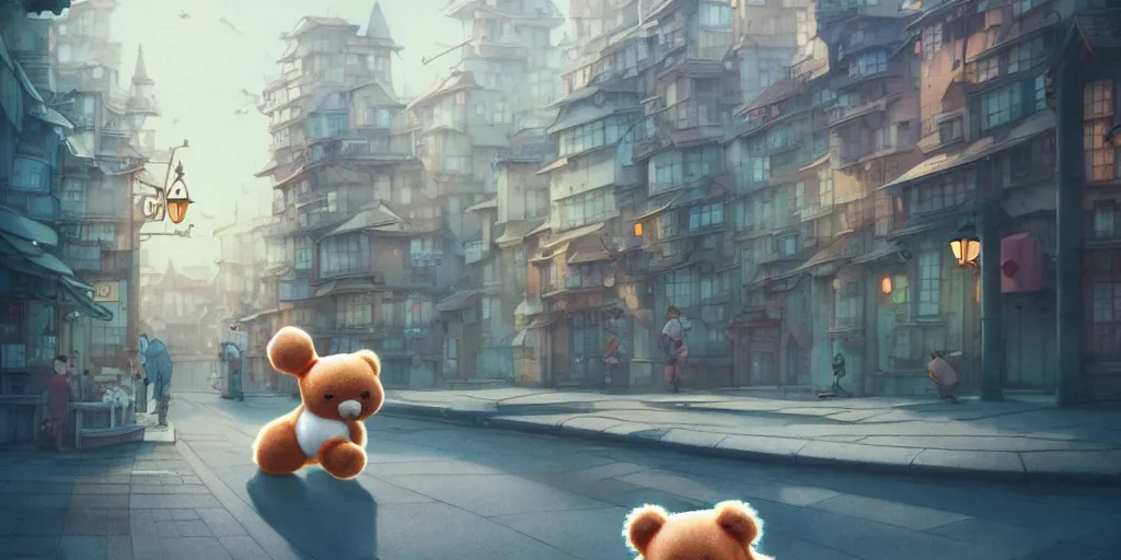 Prompt: lab to create a cute teddy bear running through a city street, natural lighting, playful color scheme, intricate details, matte painting, illustration, by hayao miyazaki