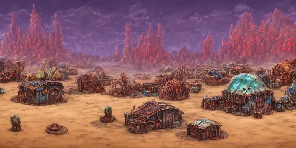 Prompt: colored merchant tents at a sprawling temple city of rusty chrome, white salt desert dunes, matte oil painting, mushroom farms, fungal polyps, retrofuturistic, science fantasy, mutant, lgbt, queer, rpg, epic, badlands, slime, dungeons & dragons, sacred, sharp focus, award - winning, extremely detailed, 4 k, 8 k