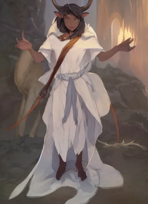 Image similar to concept art painting of a fully clothed person with brown skin and short white hair, demon horns, deer ears, blue tunic and robes, detailed, d & d style, cel shaded, in the style of ruan jia and artgerm and makoto shinkai and james gurney