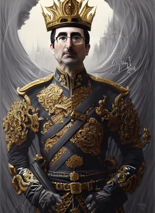 Image similar to portrait of supreme leader john oliver as stoic king, royalty, extravagant, lord, full body, military uniform, fantasy, intricate, elegant, beautiful, highly detailed, charcoal, centered, dark, smokey, digital painting, artstation, concept art, art by artgerm and greg rutkowski and alphonse mucha