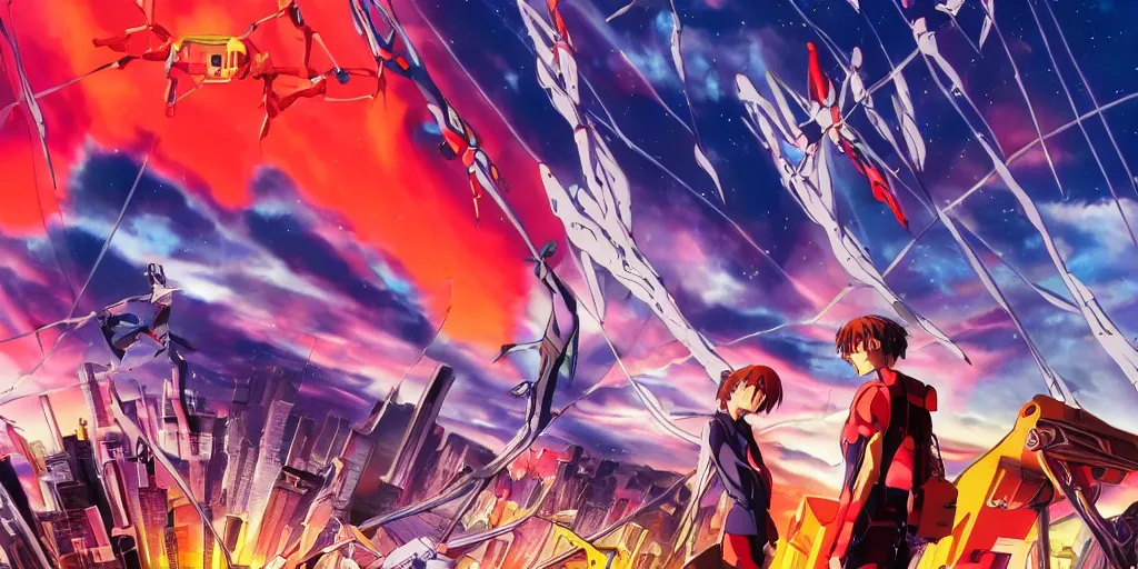 Image similar to neon genesis evangelion movie poster, 3 d anime, arcane style, retropunk, steampunk, high resolution, city landscape, side scrolling, rule of thirds, 4 k
