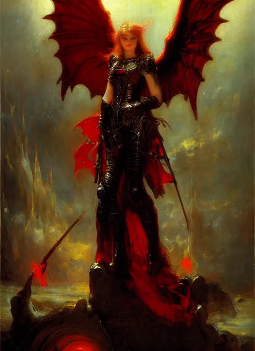 Prompt: angel knight gothic girl in dark and red dragon armor. by gaston bussiere, by rembrandt, 1 6 6 7, artstation trending, sci - fi