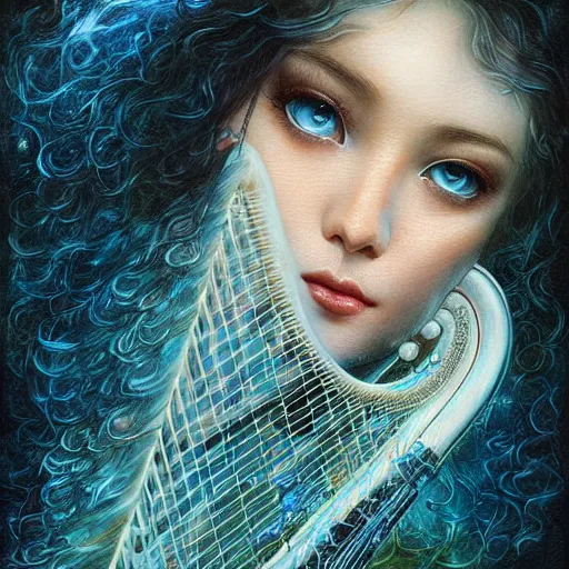 Prompt: a beautiful harp manipulating water by karol bak, ayami kojima, artgerm, river, water, blue eyes, smile, concept art, fantasy