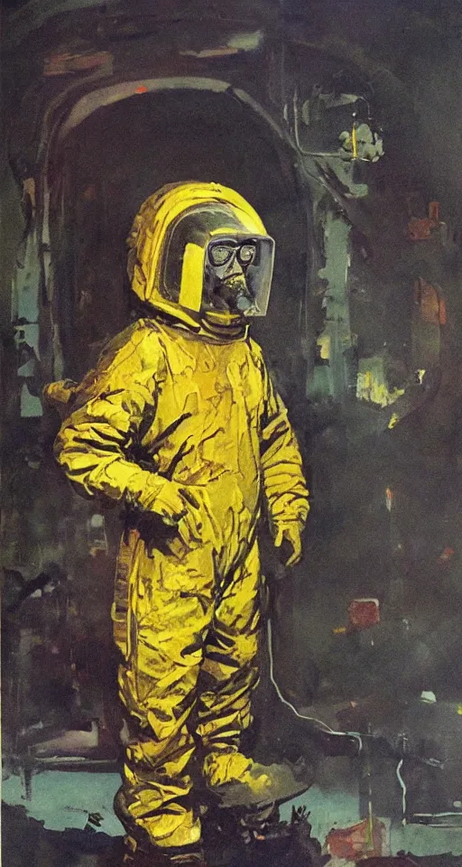 Prompt: portrait of lonely scientist in rainbow hazmat suit after the collapse of civilization by frank frazetta