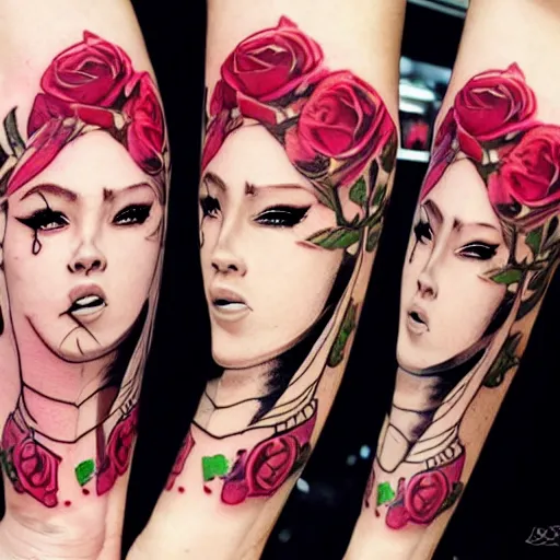 Image similar to tattoo design, stencil, beautiful cleopatra girls face, roses and ivy surrounding by artgerm, artgerm, cat girl, anime