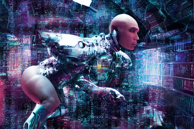 Image similar to cyborg - pitbull, surrounded by screens, in 2 0 4 5, y 2 k cybercore, industrial low - light photography, still from a ridley scott movie