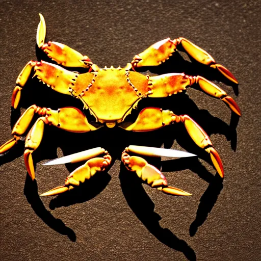 Image similar to crab ( holding a knife in its claw ) nature photography, golden hour