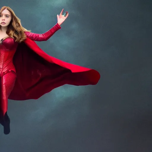 Image similar to elizabeth olsen as the scarlet witch, floating in the air as she emanates magic from her palms, full - body portrait, 3 5 mm!!!!! photography, disdain facial expression, messy!!!!! hair, trending on artstation, photorealistic!!!!!, 4 k, 8 k