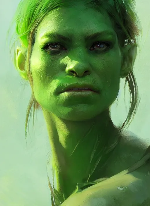 Image similar to green orc female, light green tone beautiful face, by greg rutkowski, by jeremy mann, digital painting