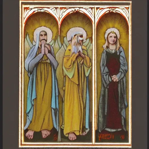 Image similar to seven hobbits in catholic religious garb with halos, background of poison apples, art nouveau