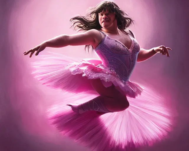 Image similar to photography of jack black dancing in a pink ballerina outfit, full body shot, deep focus, d & d and mtg, fantasy, intricate, elegant, highly detailed, digital painting, artstation, concept art, matte, sharp focus, illustration, hearthstone, art by artgerm and greg rutkowski and alphonse mucha