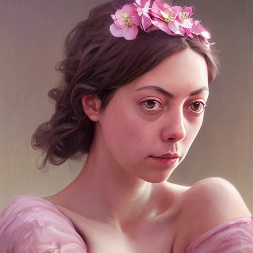 Image similar to pink petals with a ahape of a wonderful aubrey plaza, intricate, elegant, highly detailed, wonderful eyes, sweet, digital painting, artstation, concept art, smooth, sharp focus, illustration, art by artgerm and greg rutkowski and alphonse mucha and william - adolphe bouguereau