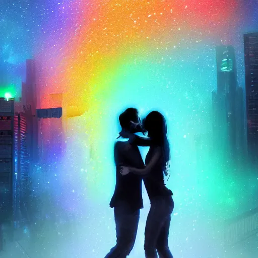 Prompt: rainbow, cyberpunk, couple hugging, with fog, rain, video game, digital art, studio quality, galaxy, 4k resolution