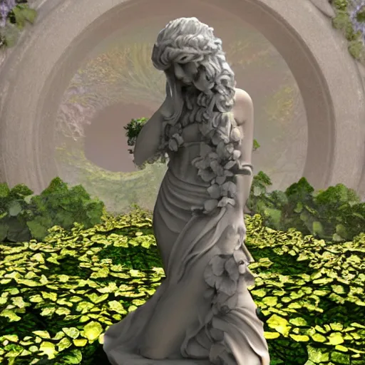 Image similar to an idealistic marble statue with flowery hair in a fractal garden, unreal engine, 8k render, beautiful, full frame,