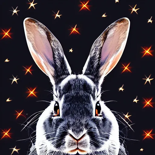 Prompt: a digital painting portrait of a rabbit wearing a vr hmd, black background with stars, photorealism