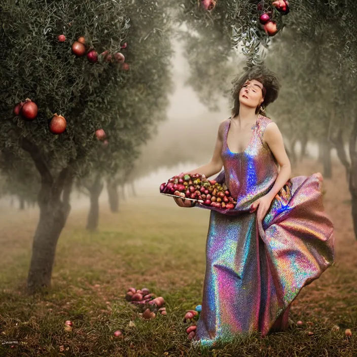 Prompt: a closeup portrait of a woman wearing a dress made of iridescent holographic vinyl, picking pomegranates from a tree in an orchard, foggy, moody, photograph, by vincent desiderio, canon eos c 3 0 0, ƒ 1. 8, 3 5 mm, 8 k, medium - format print