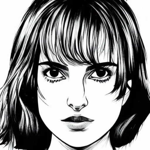 Image similar to a black and white ink-Manga portrait of Natalie Portman