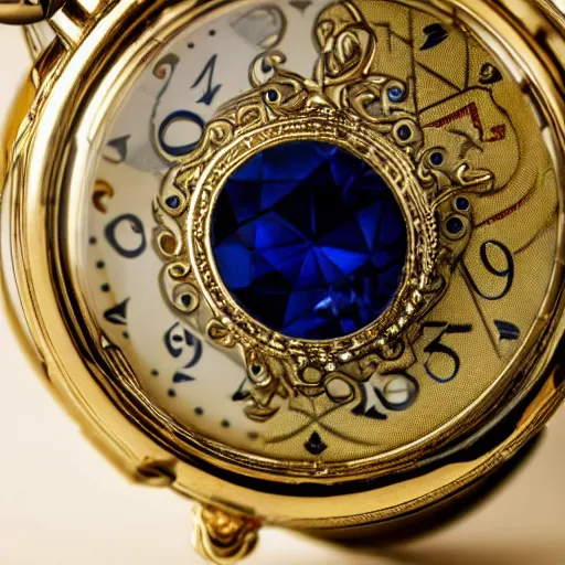 Image similar to close up photo of a sapphire and gold pocket watch, high detail, complex