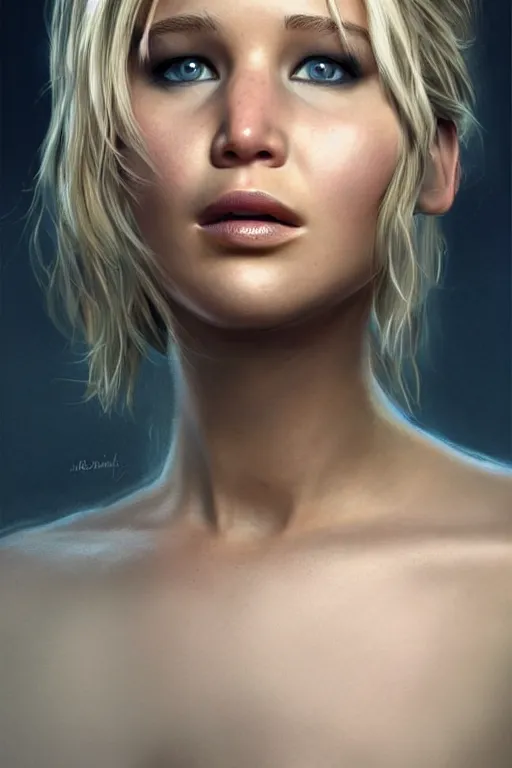 Image similar to a portrait of jennifer lawrence as a pixar character, beautiful, elegant, extremely detailed digital art, full body photo, trending on artstation hyper realistic matte painting, by wlop, artgerm