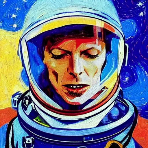 Image similar to an artistic photo of david bowie as a astronaut in space, high quality, studio photography, colourful, hero, 1 9 8 8, heroic, beautiful, in the style of vincent van gogh