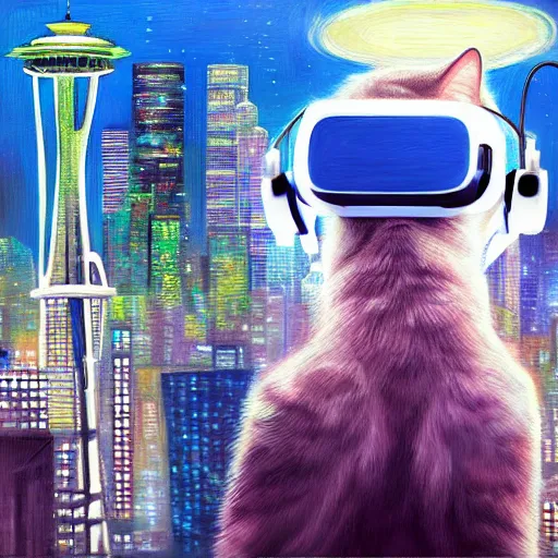 Prompt: a painting of a cat wearing virtual reality headset with seattle skyline in the background, cyberpunk art by hikari shimoda, trending on artstation, panfuturism, dystopian art, circuitry, sci - fi