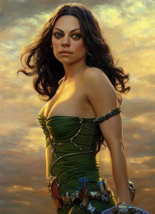 Image similar to portrait of Mila Kunis as a heroine staring into the camera, artstation, intricate, elegant, highly detailed, art by Donato Giancola, Joseph Christian Leyendecker, WLOP, Boris Vallejo, Artgerm