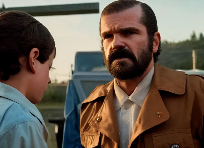 Image similar to film still of jim hopper as mike wheeler in stranger things, 8 k