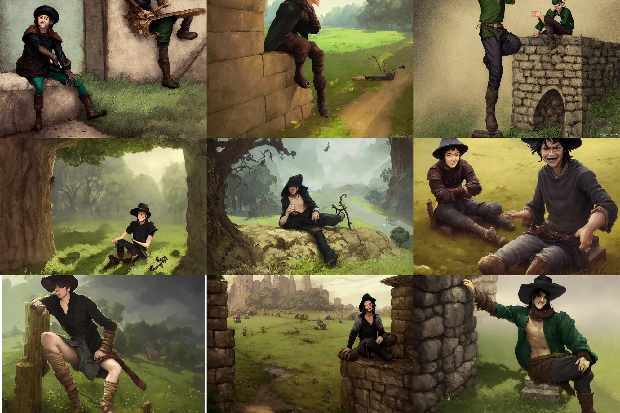 Prompt: medieval young male thief sitting on a stand alone wall on a field by the side of a road, smiling, long black hair, black felt hat and washed out green olive shirt by stanley artgerm lau, wlop, rossdraws, frank frazetta, andrei riabovitchev, marc simonetti, tranding on artstation