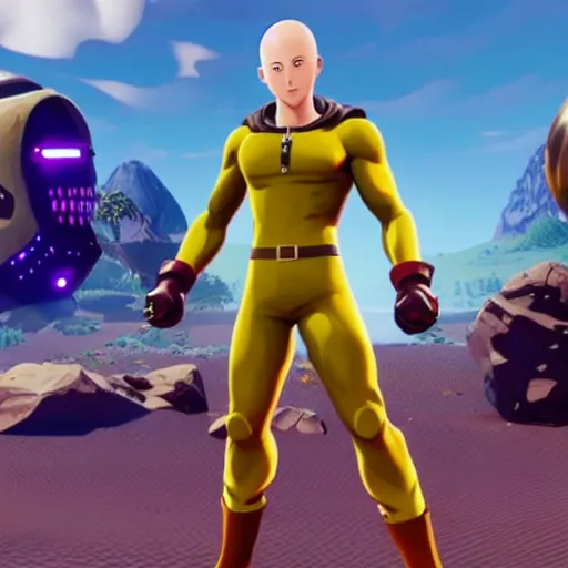 Image similar to one punch man in fortnite, character render, full body shot, highly detailed, in game render